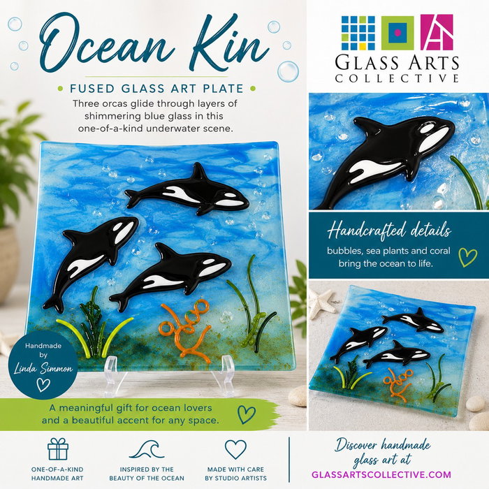 Three orcas glide through layers of luminous blue glass in Ocean Kin, a one-of-a-kind fused glass art plate by Linda Simmon. Hand-formed sea plants, colorful coral, and rising bubbles.
