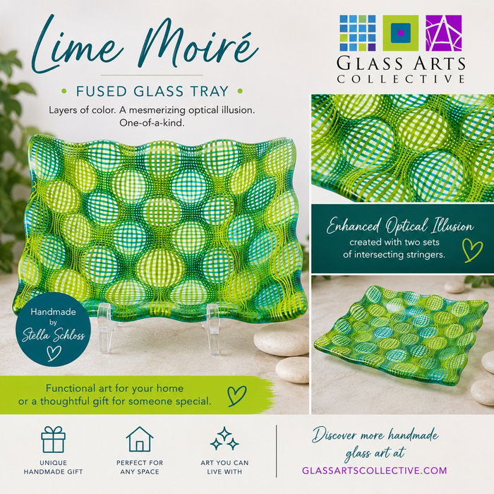 Layers of lime, teal, and turquoise glass shift and ripple across Lime Moiré, a one-of-a-kind fused glass tray by Stella Schloss. A striking piece of functional art for a table, kitchen island, or entryway.