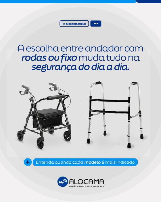 ➡O andador com rodas facilita o deslocamento contínuo e é indicado para quem tem mais estabilidade no equilíbrio.

➡Já o