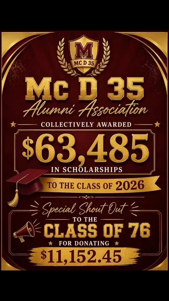 Celebrating excellence, legacy, and the future! 🎓✨
The Mc Donogh 35 Alumni Association proudly awarded $63,485 in scholarships to the incredible Class of 2026! Special shout out to the legendary Class of ’76 for their generous donation of $11,152.45 in honor of their 50th anniversary