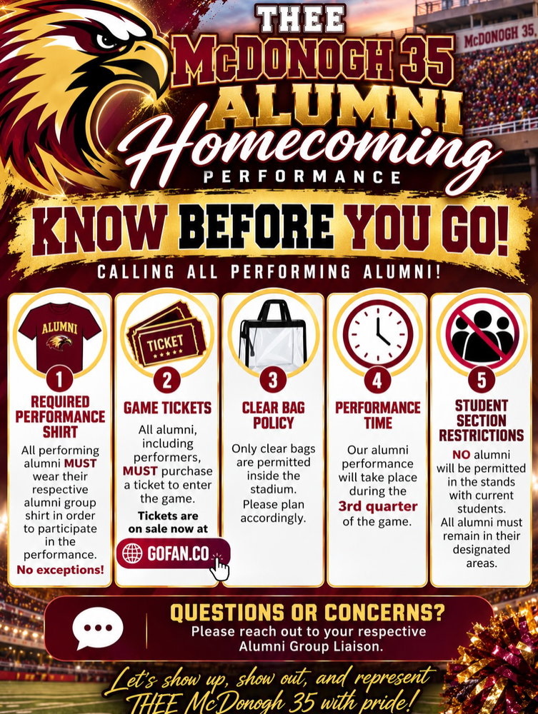 🦅❤️💛 Calling ALL Performing Roneagle Alumni!

Homecoming is almost here! 🎉 Before you hit the stands, make sure you’re game-day ready! Review these important guidelines so we can show up, show out, and keep our traditions alive!

🚨 TICKET SALES START NEXT WEEK 🚨
Once a Roneagle, Always a Roneagle! 🦅