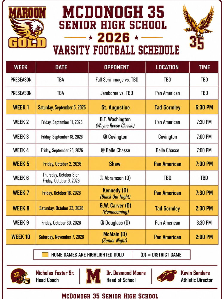 🦅💛 SUPPORT TODAY’S RONEAGLES! ❤️🦅

As we prepare for another exciting school year, we invite all alumni, family, and friends to come out and support our current Roneagles on the field this football season!

Be on the lookout for information regarding Class Tents for the highly anticipated St. Augustine Game and Homecoming Game. These events are a great opportunity to reconnect with classmates, celebrate our Maroon & Gold pride, and support our students.

We are also gearing up to welcome new members and collect dues for the upcoming fiscal year. Your membership and participation help us continue providing scholarships, grants, and support for McDonogh 35 students and staff.

Stay connected. Stay involved. Stay Maroon & Gold.

❤️💛
