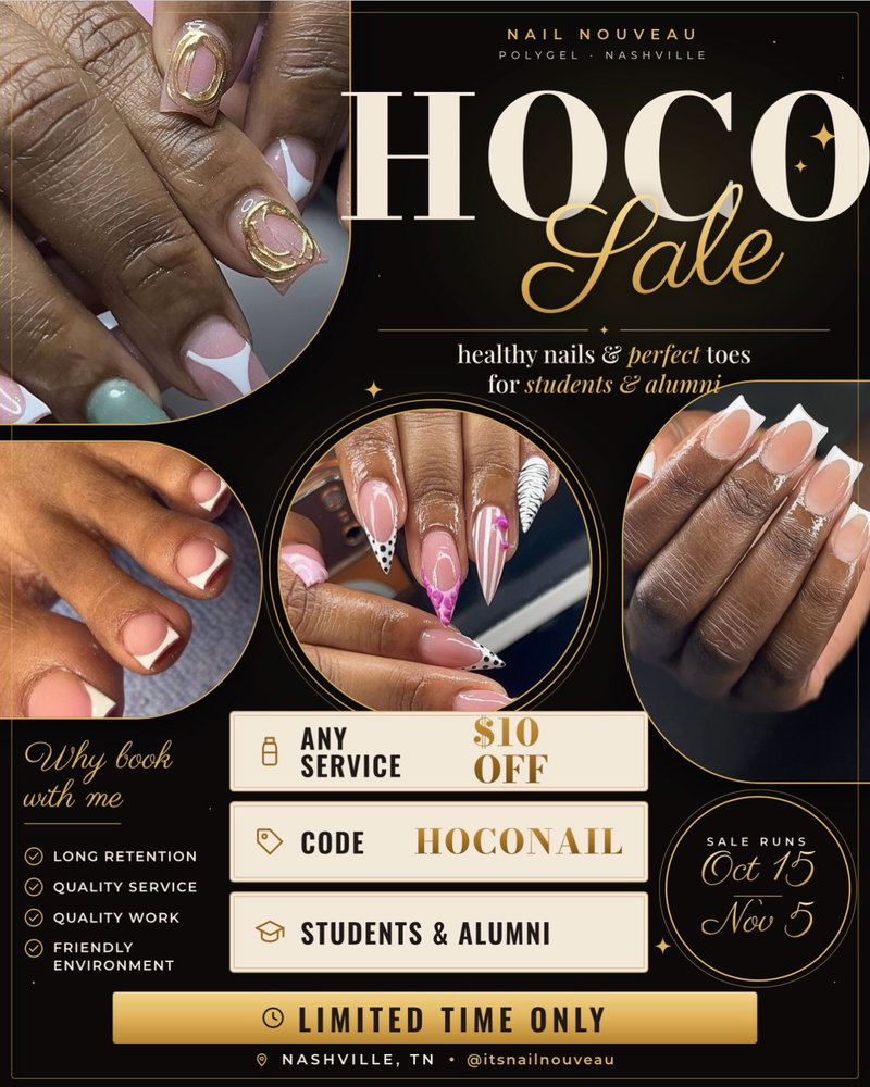 homecoming szn is here and your nails should be ready before the tailgate 🏈✨ students & alumni get $10 off any service oct 15 – nov 5, just use code HOCONAIL in your notes when you book.

healthy polygel, long retention, and the exact set you asked for, all for less. fisk, tsu, vanderbilt & belmont, this one’s for you 🤍

make sure you get your spot in before it’s gone! 🩷

📍 NASHVILLE TN 🎸
🔗 link to book is on my INSTAGRAM (@itsnailnouveau) — go check my page 👀
⭐️ can’t find it? DM me “BOOK” and I’ll send it straight to you
🩷 comment “INFO” and I’ll shoot you the link too
⭐️ or text (832) 803-7125 with any q’s