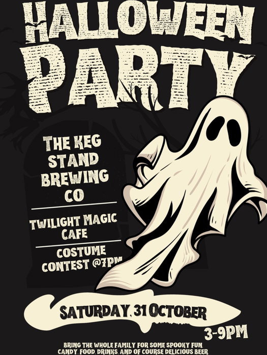 It’s spooky season, and we’re throwing a Halloween party! 🎃🍻

Come hang with us Saturday, October 31st from 3–9PM for cold beer, great food, candy, costumes, and some spooky fun for the whole family.

🍗 @twilight_magic_cafe
👻 Costume Contest @ 7PM
🍺 Fresh beer
🍬 Candy for the kids
🎃 Costumes encouraged
🕸️ Good people + good times

Come dressed up, grab a beer, and let’s make Halloween one to remember.

Saturday • October 31 • 3–9PM
📍 The Keg Stand Brewing Co.