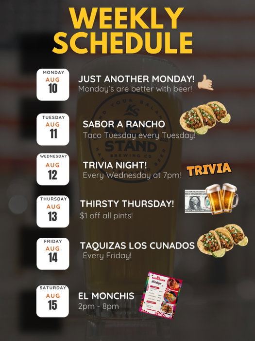 Another week, another excuse to grab a beer. 😎.
🌮 TUESDAY — Sabor A Rancho | Taco Tuesday
🧠 WEDNESDAY — Trivia Night | 7PM
🍺 THURSDAY — Thirsty Thursday | $1 OFF ALL PINTS
🌮 FRIDAY — Taquizas Los Cunados
🌭🔥 SATURDAY — EL MONCHIS | 2–8PM
Hot dogs. Loaded fries. Cold beer. What more do you need? 🍺🌭