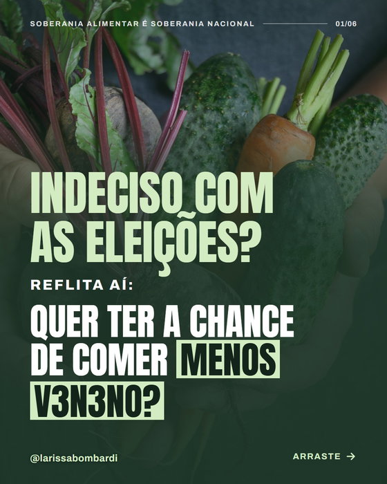 O seu voto decide quem decide o que o Brasil produz e também influencia o que chega à nossa mesa.

A soberania alimentar faz parte da soberania nacional. Produzir alimentos saudáveis, fortalecer a agricultura familiar e reduzir a dependência de agrotóxicos exige políticas públicas que priorizem a saúde da população e o desenvolvimento nacional, e não os interesses de grandes grupos econômicos que tratam o Brasil como um quintal à venda.

Para isso, precisamos seguir o caminho da redução do uso de agrotóxicos, do incentivo à agricultura familiar e da ampliação da oferta de alimentos orgânicos e agroecológicos à população.

Comida é saúde, dignidade e soberania.

O Brasil precisa defender os direitos de seu povo e fortalecer sua autonomia, sem subordinar seu futuro aos interesses de outros países.

Dia 25, vamos com quem trabalha pelo Brasil, vamos com Lula, por um Brasil soberano e com direitos para todos.