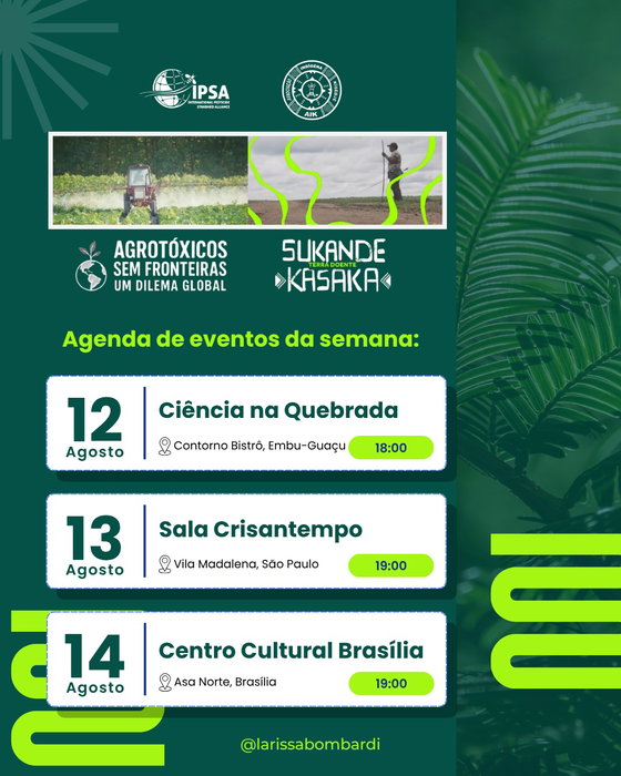 Agrotóxicos atravessam fronteiras. O debate também precisa atravessar.

Entre 12 e 14 de agosto levo Agrotóxicos sem Fronteiras: Um Dilema Global a três cidades. Em cada sessão exibimos o filme e conversamos com o público depois.

Na mesma noite vocês também vão assistir a Sukande Kasáká: Terra Doente, da Associação Indígena Kisêdjê. Os dois juntos mostram as duas pontas da mesma engrenagem: de um lado a produção e a circulação internacional dos agrotóxicos, do outro o que isso significa na água, no território e na vida de quem planta.

📅 12/08 · Embu-Guaçu (SP)
📅 13/08 · São Paulo (SP)
📅 14/08 · Brasília (DF)

Endereços e horários no carrossel e no site, link na bio. Venham assistir, perguntar e ampliar essa conversa.

Obrigada aos parceiros que tornam esses encontros possíveis: @ciratbrasil @amorimfilmes @bemtevidiversidade @aik_kisedje @centroculturaldebrasilia @salacrisantempo @cedecainterlagos @contornomulticultural @contornobistro
