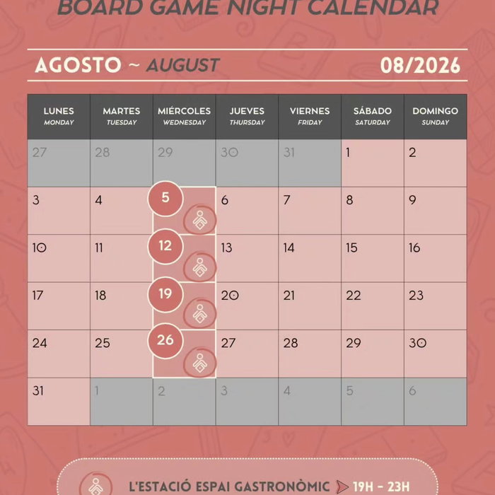 Calendario de agosto 📅
En agosto a pesar de que sólo habrán noches de juegos los miércoles, tenemos unas cuantas activ