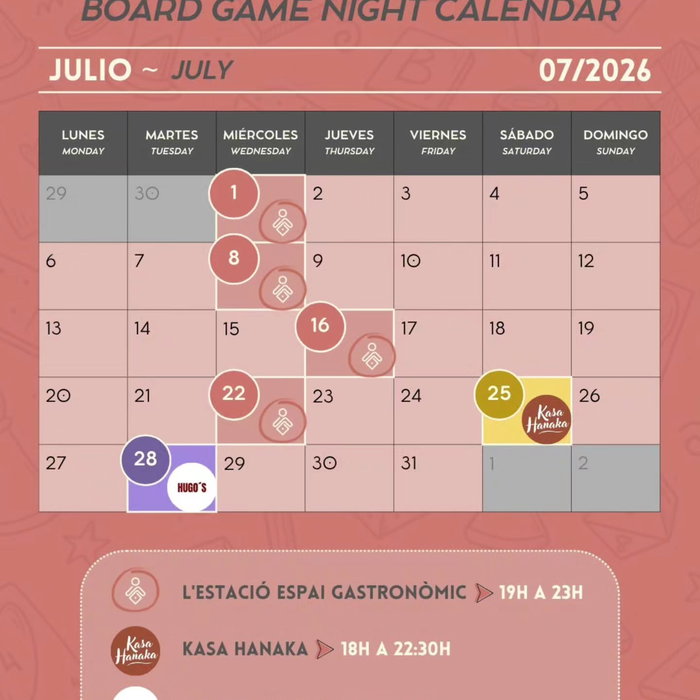 📆 Calendario julio
Ya es oficialmente verano y toca buscar cobijo del calor jugando a juegos de mesa con aire acondici