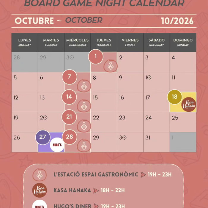 📆 Calendario de octubre de 2026
Un mes con hasta 5 noches de juegos en @estaciorestaurant 🥰
Hoy, 1 de octubre, empez
