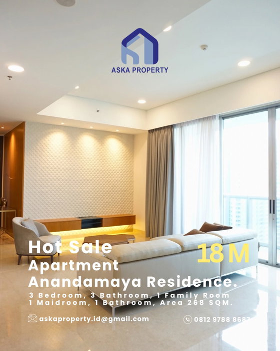 Rare Opportunity! 💎 
Miliki hunian paling prestisius di jantung Jakarta dengan harga yang sangat kompetitif.

Apartemen Anandamaya Residences menawarkan kombinasi sempurna antara kemewahan, privasi, dan kenyamanan. Dengan akses Private Lift dan luas mencapai 268 m², unit 3 Bedroom ini adalah pilihan tepat bagi Anda yang menginginkan gaya hidup urban yang eksklusif.

Detail Unit:
✨ 3 Bedrooms
✨ Luas 268 m²
✨ Private Lift Access
✨ High-End Finishings & Spacious Layout

🔥 HARGA BEST DEAL: Rp 18 Miliar (NETT)
Market price untuk luas ini biasanya jauh di atas, jangan sampai melewatkan unit ini!

Nikmati fasilitas yang berkelas: Lagoon pool, state-of-the-art gym, dan akses langsung ke pusat bisnis Sudirman.

Untuk informasi lebih lanjut dan private viewing, hubungi :
📞 WhatsApp: 0812 9788 8687
📧 Email: askaproperty.id@gmail.com