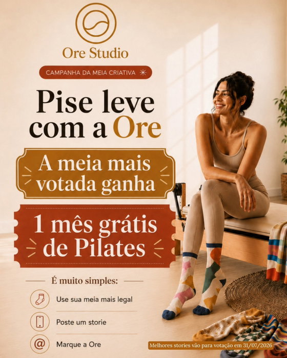 Pise leve com a Ore 🧦✨

Agora sua meia pode te render 1 mês grátis de Pilates.

É simples