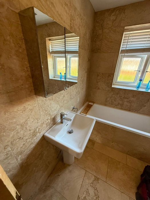 Before and after on this beautiful bathroom. Traditional with a modern twist. One more visit to fini