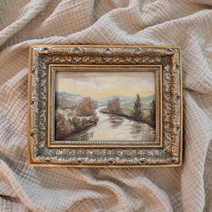 “River at Dusk”, an original oil landscape painting of a winding river flowing t