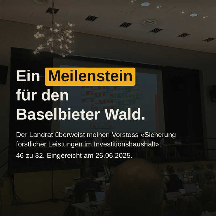 Ein Meilenstein für den Baselbieter Wald. 46 zu 32.

Vierzehn Monate nach der Einreichung hat der Landrat heute meinen V