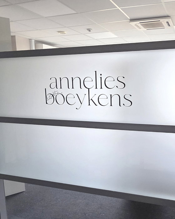 Voor Annelies Boeykens plaatsten we deze stijlvolle bestickering in combinatie met zandstraalfolie. Subtiel, tijdloos en perfect in balans met de ruimte.

Bedankt voor het vertrouwen!