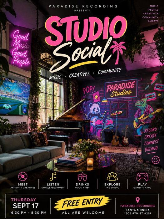 studio social 🌴

opening up Paradise for a night of music, creatives + good people.

come hang, meet some new faces, ch