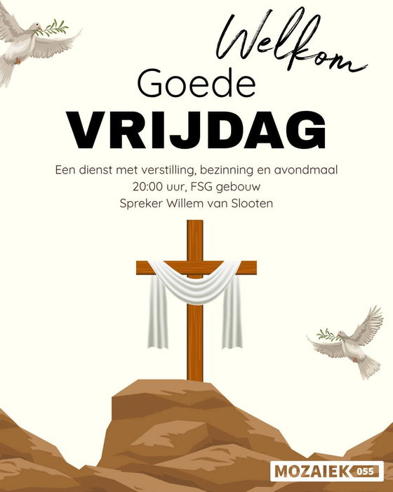 Morgen is het Goede Vrijdag.
Een dag waarop we het lijden en sterven van Jezus mogen herdenken.

Je bent van harte welkom bij deze ingetogen dienst met bezinning en verstilling, waarin we het avondmaal vieren.

Ben jij erbij?

📍FSG-gebouw
🕗 20:00 uur