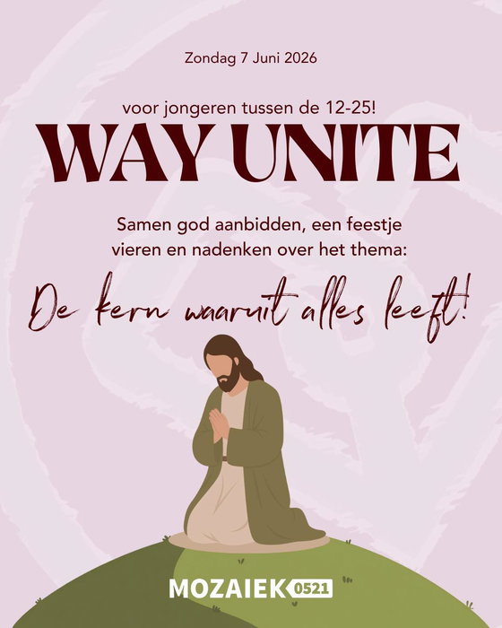 ✨ WAY UNITE ✨

Ben jij tussen de 12 en 25 jaar?* Dan ben je van harte welkom op onze WAY unite dienst!

Op zondag 7 juni organiseren de jongeren van onze kerk (weareyoung0521) een bijzondere en gezellige avond. Verwacht een inspirerende dienst, leuke ontmoetingen en een fijne sfeer waarin we samen God mogen ontmoeten. 🙌

📍 De Schalle, Nijeveen
🕢 Inloop: 19:30 uur
🕗 Start: 20:00 uur

Nodig gerust je vrienden en vriendinnen uit, iedereen tussen de 12 en 25 jaar is welkom, ook als je normaal niet naar onze kerk komt! 💙

We kijken ernaar uit om samen met jullie een mooie avond te beleven!

*Ben je nou helaas ouder dan 25, maar wil je wel graag even langskomen? geen zorgen, ook voor jullie is er plek! In de ruimte van de crèche zal Herman de volwassenen vermaken terwijl de jongeren genieten van de avond. 😄☕