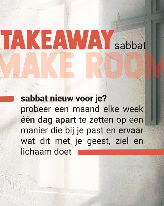 TAKEAWAY: Sabbat
Vandaag begon @martijnrutgers de nieuwe serie ‘Make room’ met een preek over de sabbat. Hij gaf daarin de uitnodiging en aanmoediging om, als het vieren van de sabbat nieuw voor je is, een maand lang elke week één dag apart te zetten op een manier die bij jou past. Zo kun je ervaren wat het met jouw geest, ziel en lichaam doet. Doe je mee?

Preek gemist? Je kunt deze binnenkort naluisteren via onze website en op Spotify.