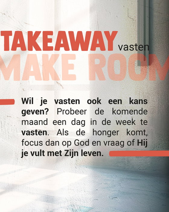 TAKEAWAY: Vasten
Vandaag sprak Leon Baaij over Vasten. Vasten scherpt ons verlangen naar Hem en maakt ons ontvankelijker voor zijn stem. Wil jij vasten ook een kans geven? Probeer de komende maand een dag in de week te vasten. Als de honger komt, focus dan op God en vraag of Hij je vult met Zijn leven.

Preek gemist? Je kunt deze binnenkort naluisteren via onze website en op Spotify.