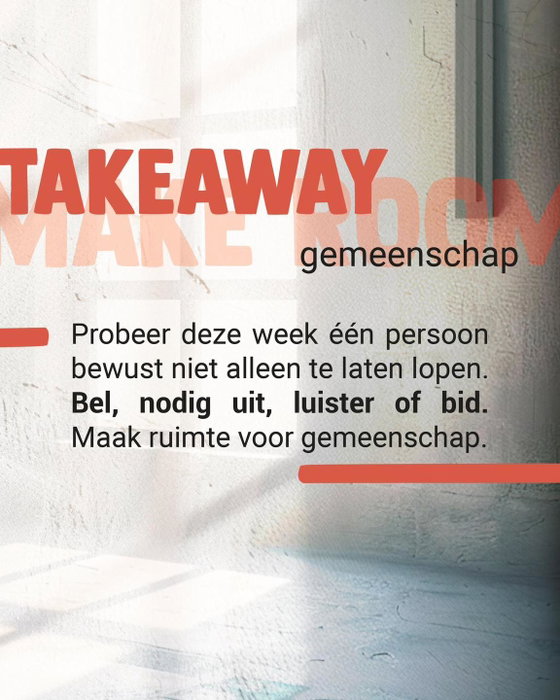 TAKEAWAY: Gemeenschap
Vandaag sprak Jacco de Jong over gemeenschap. ‘You never walk alone!’ Zet jij deze week de stap om in contact te komen met iemand die naar je luistert? Of voor wie mag jij jezelf beschikbaar stellen? Maak ruimte voor gemeenschap. ❤️