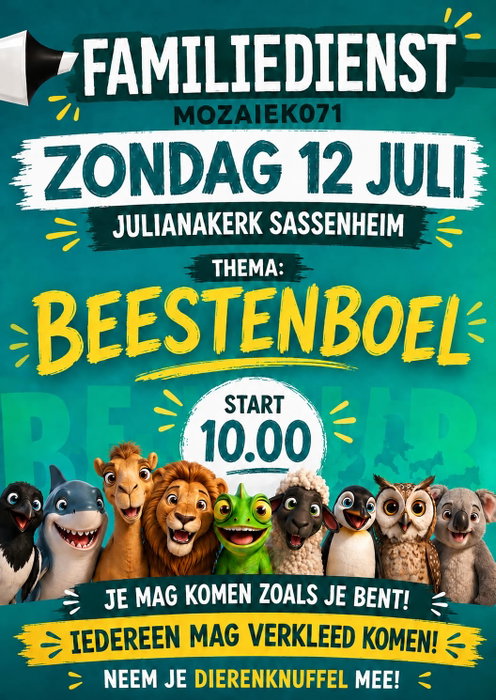 Familiedienst zondag 12 juli! 🦁
Aanstaande zondag is een familiedienst voor alle generaties met het thema 'Beestenboel'. Je bent welkom, gewoon zoals je bent én iedereen mag verkleed komen in het thema Beestenboel! Neem je dierenknuffel mee!🐻
❤️ Ontmoeting
We ontmoeten je graag onder genot van een lekkere kop koffie of thee en beleven de samenkomst met elkaar. Na de dienst is er ook gelegenheid om gezellig na te praten met een bakkie. Je bent welkom, gewoon zoals je bent.
🕙 Tijd
Er is één samenkomst om 10:00u.
🧸 Kids
Tijdens de dienst is er opvang voor de Minikids (0 t/m 4 jaar). De Minikids kunnen vóór aanvang van de dienst gebracht worden. De kinderen van de Happykids (groep 1 t/m 3) en Coolkids (groep 4 t/m 8) mogen deze dienst samen met ons meemaken.
🅿️ 🚗 Parkeren & carpoolen
Op mozaiek071.nl/contact vind je de route en de (gratis) parkeermogelijkheden. Gebruik de speciale carpool & parkeerapp HolyGo.nl/mozaiek071 die op zondag real-time aangeeft welke parkeerlocaties beschikbaar of vol zijn. Met de ‘self service’ parkeerlocaties in de app kan iedereen bijdragen aan een goede parkeerervaring. En carpoolen is gezellig en goed voor het milieu. Samen zijn we kerk!
🎵⏯️ Liederen, preek opname & livestream.
Er staat een playlist klaar met de liederen die we zondag in de dienst gaan zingen. De playlist is te vinden via ons profiel op Spotify: Mozaiek071. Ook kun je de liedteksten meelezen als je het scherm niet kunt zien. Deze zijn te vinden via: 071.mozaiek.nl/agenda. Preken zijn in de loop van de week via dezelfde link terug te luisteren. Er is ook een livestream om de dienst thuis (terug) te kijken.
🎧 Translation
You can now listen to the service in your own language or you can read the translation. The online real-time translation supports nearly any language. No app needed, only a browser on your mobile phone. Go to this page to read more and start the translation: mozaiek071.nl/translation. Enjoy the service!