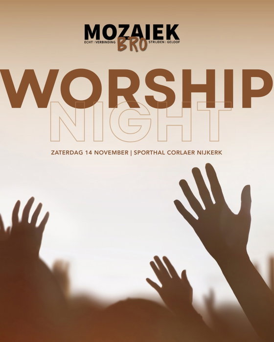 Op zaterdag 14 november komen honderden mannen in Nijkerk bij elkaar voor de tweede Mozaiek BRO Worship Night. Een zaal vol mannen uit het hele land, die samen God aanbidden. Dat wordt geweldig!

Vorig jaar kwamen er 500 mannen op af; dit jaar verwachten we er zelfs nog meer. Het wordt een onvergetelijke avond vol ontmoeting, verdieping en aanbidding. We sluiten de avond af met een hapje en een drankje.

Als Mozaiek weten we dat er kracht zit in samen God aanbidden. Daarom is worship het hart van deze avond. Wat zal het geweldig zijn om al die mannenstemmen samen te horen en met zoveel mannen samen God te prijzen!

Zaterdag 14 november
Inloop 19:30 – Start 20:00
Sporthal Corlaer College
Henri Nouwenstraat 4, Nijkerk

Bestel je tickets via link in bio!
