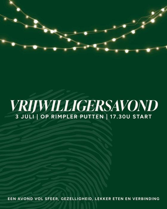 Het is al bijna zo ver! De vrijwilligersavond op vrijdag 3 Juli. We zijn enorm dankbaar voor jouw dienende hart binnen onze gemeente en willen je daarvoor bedanken.

Deze avond staat in het teken van gezelligheid, een spannend spel, lekker eten en natuurlijk ontmoeting. Misschien kan je al wel raden wat het thema van de avond is…🫆

Wees er snel bij, je kan je ticket nog reserveren tot 21 juni!

Goed om te weten:
Voor wie | Alle vrijwilligers van Mozaiek033 Waneer | 3 juli 2026 Tijd | 17.00 u inloop, 17.30 u start, 21.30 u einde Locatie | Op Rimpeler, Rimpelerweg 47, Putten