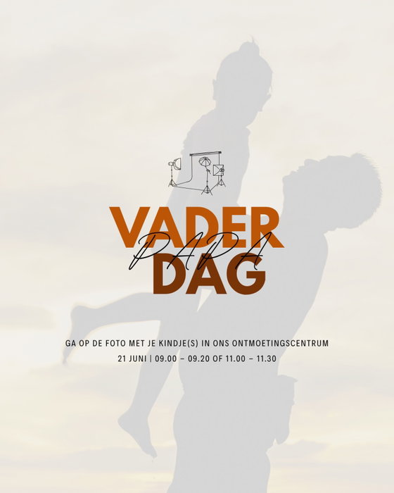 Aanstaande zondag is het vaderdag en net als bij moederdag willen we daar bij stilstaan.

Aanstaande zondag is het mogelijk om op een foto te gaan met je kind(eren) in ons ontmoetingscentrum. We zorgen voor een toffe achtergrond zodat jij een leuke herinnering aan vaderdag hebt! De foto is te maken voorafgaande aan de eerste dienst én erna. Natuurlijk in ons ontmoetingscentrum! Zien we je daar? 🤎