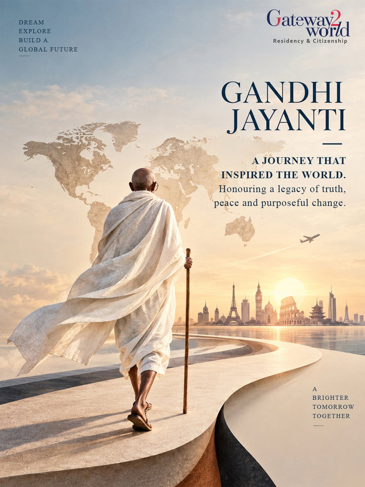 A journey that inspired the world.
On Gandhi Jayanti, we remember Mahatma Gandhi and a legacy shaped by truth, peace and purposeful change.

His journey reminds us that meaningful change begins with conviction and that values can inspire generations, transcend borders and leave a lasting impact.

Gateway2World wishes you a thoughtful and meaningful Gandhi Jayanti.

[Gandhi Jayanti, Mahatma Gandhi, Gandhi Jayanti 2026, truth, peace, non-violence, purposeful change, legacy, Gateway2World, Residency &amp; Citizenship Advisory]