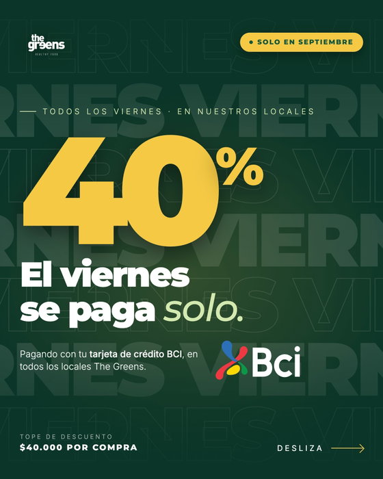 Septiembre tiene tres viernes que se pagan solos 💚
Pagando con tu tarjeta de crédito BCI en cualqu
