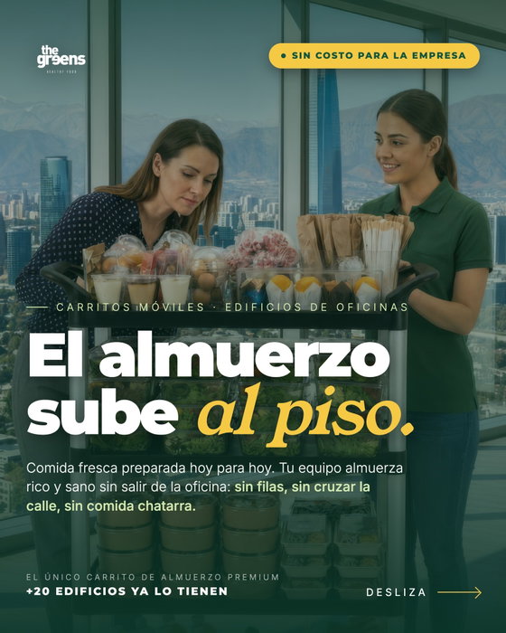 Tu almuerzo sube al piso 🛒
Nuestros carritos móviles se instalan dentro de tu edificio de lunes a