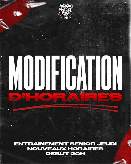 MODIFICATION D'HORAIRE SENIOR
Jeudi, c'est 20h maintenant.
L'entraînement seni