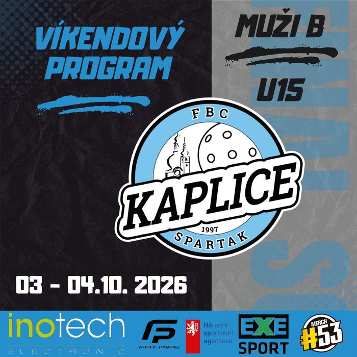 Víkendový program 3. října 📅
Tento víkend hrají Béčko a starší žáci, oba v sobotu a oba venku. Béčko míří do Třebon…