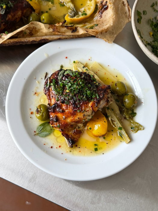 Yoghurt-baked chicken with fennel, lemon and olives from last month’s newsletter. I’m really bad at remembering to post anything, but this recipe is really good, so please go and make it. Recipe on my website Kittycoles.co.uk or link in bio