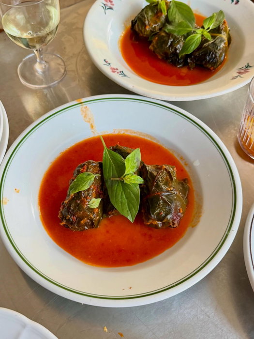 Thai stuffed chard leaves, cherries on ice, frozen glasses, @nito.london cherry vermouths, @vesper.restaurant martinis. A summer dinner