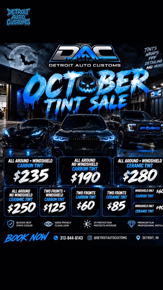 October Tint Sale post from Detroit Auto Customs on Instagram