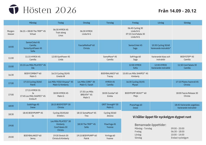 Nästa vecka drar vårt nya höstschema igång – med ännu fler pass att välja mellan! 🤩
Vi inleder hösten med nya program i våra Les Mills-klasser 🥳
Utöver våra populära pass hittar ni nu även:
🍂 Gubbyoga
🧘 Les Mills YOGA Vinyasa
🌿 Les Mills BREATH
🕉️ PranaYoga
💃 Zumba
💪 Ytterligare en Les Mills SHAPES-klass
Dessutom flyttar The TRIP till kl. 18.30, och en helt ny release lanseras veckan efter de övriga Les Mills-passen. 😎
Vi ser verkligen fram emot att kickstarta hösten tillsammans med er och fylla träningssalen med energi, träningsglädje och gemenskap. Vi ses på passen! 🤩🥳