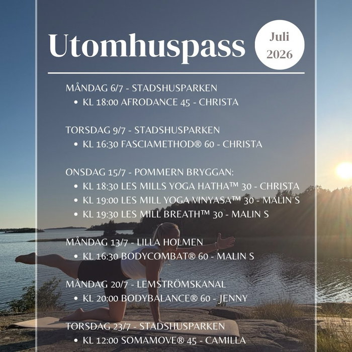 Sommaren är till för att upplevas utomhus – och vad passar bättre än att kombinera träning i fantastisk miljö tillsammans med härliga människor? ☀️

I juli har ni chansen att uppleva några härliga pass utomhus och vi bjuder på allt från afrikanska rytmer i parken till yoga på bryggan, energifylld BodyCombat och rogivande BodyBalance vid solnedgången. 🤩

✨ Alla utomhuspass är GRATIS för Träningsverkets medlemmar.
✨ För övriga kostar passen 10 €/person.
✨ Alla är varmt välkomna att delta

🌍 AfroDance 45 min – 6/7, Stadshusparken
Fyll parken med energi, glädje och afrikanska rytmer! Dansa barfota på gräsmattan eller i dina favoritskor och bara följ rytmen. Ett pass som garanterat får både humöret och pulsen att stiga.

🌱 FasciaMethod® 60 min – 9/7, Stadshusparken
Mjuk och skonsam träning som hjälper kroppen att återhämta sig, förbättra rörligheten och minska stelhet. Perfekt för dig som vill ge kroppen lite extra omtanke i sommar.

🧘‍♀️ Yoga på bryggan – 15/7
En sommarkväll vid vattnet på Pommern Bryggan. Känn brisen, lyssna till vågorna och njut av tre olika yogaupplevelser:
• Les Mills Yoga Hatha™ 30 min 
• Les Mills Yoga Vinyasa™ 30 min
• Les Mills Breath™ 30 min
💛 Specialpris: Endast 10 € oavsett om du deltar i ett, två eller alla tre yogapassen!

🥊 BodyCombat® 60 min – 13/7, Lilla Holmen
Kämpaglöd, energi och sommarkänsla i en oslagbar kombination! Ett fartfyllt pass inspirerat av kampsport där du får slå, sparka och svettas loss under bar himmel.

🌅 BodyBalance® 60 min – 20/7, Lemströms kanal
Vad sägs om yoga, styrka och rörlighet medan solen sakta går ner över vattnet? En magisk sommarkväll där du får fylla på med både energi och lugn i en av Ålands vackraste miljöer.

🤸🏼 SomaMove® 45 min – 23/7, Stadshusparken
Ett unikt pass där styrka, rörlighet, balans och kroppskontroll möts i ett naturligt flöde. Träna hela kroppen på gräsmattan och upptäck hur stark och smidig du kan känna dig.

🌦️ Väderreservation: Vid dåligt väder ställs passen in eller flyttas inomhus. Information meddelas via våra kanaler samma dag