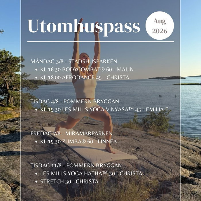 Vi fortsätter med utomhuspass ännu i augusti! ☀️

Ta vara på sensommaren och träna tillsammans med oss på några av Ålands finaste platser! Under augusti erbjuder vi denna gång gratis utomhuspass där alla är välkomna – oavsett om du är medlem på Träningsverket eller inte. 💚

Vi bjuder på en härlig mix av yoga, dans, rörlighet, pilates, BODYCOMBAT®, Zumba®, BODYBALANCE® och mycket mer. Välj ett pass som passar dig eller testa något helt nytt!

✅ Begränsat antal platser - boka gärna din plats genom wondr eller att mejla oss till info@träningsverket.fi. Är du inte medlem på Träningsverket, kan du boka ett pass tidigast 6 dygn innan. 
✅ Samtliga utomhuspass är kostnadsfria
✅ Ta med egen träningsmatta

🌦️ Vid dåligt väder kan ett pass behöva ställas in eller flyttas inomhus. Eventuella ändringar meddelas alltid samma dag via våra sociala medier och i Wondr.

Bläddra i bilderna för att se hela schemat – dela gärna och hoppas att vi ses i augusti! ☀️
