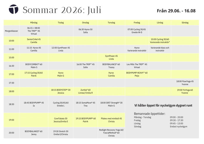Nu är vårt gruppträningsschema för juli klart! 🌞 
Schemat sträcker sig i år ända till mitten av augusti tills skolorna startar. 

Under semestertider drar vi ner något på antalet klasser, men har gjort vårt bästa för att skapa ett varierat schema för er som vill fortsätta träna under sommaren och vi har försökt lyssna till de önskemål vi fått av er 🌸

Det finns fortfarande ett brett utbud av klasser, allt från lugna kroppsvårdsklasser till fartfyllda konditions- och styrkepass! 🤩 

Som nyhet på torsdagkvällar introducerar vi pilates med miniboll🤍 Varannan torsdag fortsätter kvällen med Redlight Recovery Yoga och varannan torsdag med FasciaMethod. Båda klasserna passar perfekt att kombinera med pilatesen för en skön och välbalanserad träningskväll 🤍

Tack vare er som svarade på vår gallup om fredagscyclingen, vet vi att majoriteten föredrar morgonträning framför eftermiddagsträning under juli. Därför startar fredagscyclingen kl 07:00. För er som ändå vill cykla senare på dagen finns möjlighet att delta i virtuell The TRIP på fredag eftermiddagar. 

Även lördagens cyclingpass har av önskan fått ny tid och startar kl 10:00. Receptionen öppnar redan 9:45 :) 

Utöver dessa klasser finns möjlighet till virtuell träning genom att höra med receptionen först 🙂 
Dessutom kommer det att ordnas utomhusträning i sommar ☀️ 

Vi hoppas att ni hittar många favoriter i sommarens schema och vi ser framemot att träna tillsammans med er hela sommaren! 😍