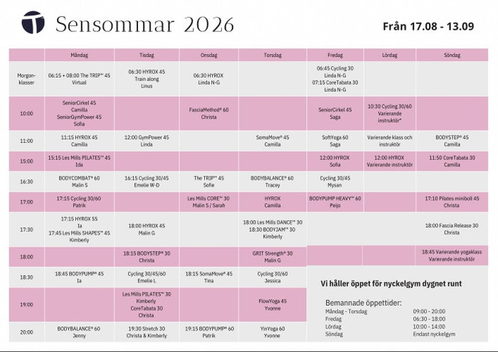 Julischemat glider mot sitt slut och här kommer fortsättning för hösten! 🤩 Det 4 veckor långa sensommarschemat ser lika ut som höstschemat, förutom att höstschemat har några fler klasser och dansklasserna ändrar från Les Mills till Zumba 💃 (Swipe för att se båda scheman!)

Mycket är sig likt från tidigare schema, men observera några ändringar i schemat! 👀 

Seniorcirkeln är tillfälligt under hösten flyttad till fredagar kl 10:00 (återgår till torsdagar efter årsskiftet!) 
Under hösten hålls seniorcirkeln av Saga 🤍 Men lugn, hennes softyoga försvinner ingenstans! 😍 Den flyttar bara tid till kl 11:00. Man behöver inte välja antingen eller, det går alldeles utmärkt att kombinera dessa två klasser🥰 

Vi har också lyssnat till era önskemål och fått in Jessica på cycling varje torsdag kväll, samt satt in dubbla stretch klasser varje tisdag och flowyoga kvällstid! ✨ På torsdag kvällar hittar ni nu flowyoga med Yvonne. Perfekt att kombinera med återhämtande yinyoga efteråt 🧘🏼‍♀️
Som nyhet i höstschemat finns också Les Mills YOGA Vinyasa på tisdag eftermiddagar, varannan vecka med Kimberly och varannan vecka med Malin S ☺️

Pranayogan är tillbaka och vi har också dubbla cykelklasser på tisdagar! 

Övriga nyheter på höstschemat är Les Mills BREATH på onsdagar samt gubbyoga på måndagar! 🤩 

Utöver dessa klasser kommer det i vanlig ordning att dyka upp extrainsatta klasser lite här och där 😉 bl.a. gympower, pilates, bodypump heavy mm 🙂

Vi ser framemot en glädjefylld höst tillsammans med er! 😍