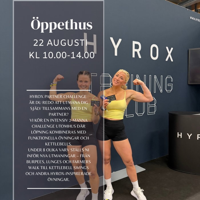 HYROX PARTNER CHALLENGE!

Det närmar sig öppethus och bokningen öppnar imorgon lördag!

Är du redo att utmana dig själv tillsammans med en partner?
Vi kör en intensiv 2-manna challenge utomhus där löpning kombineras med funktionella övningar och kettlebells.
Under 8 olika varv ställs ni inför nya utmaningar – från burpees, lunges och farmers walk till kettlebell swings och andra HYROX-inspirerade övningar.

Upplägget är enkelt:
🏃 En springer 400 m
🏋️ Den andra jobbar med övningen
🔄 Sedan byter ni 
🔥 Jobba tillsammans för att ta er igenom alla 8 varv så snabbt som möjligt!

Välj din partner, anta utmaningen och se hur snabbt ni kan ta er igenom banan!
Det handlar inte bara om styrka eller kondition, det handlar om teamwork. 🤝
Snabbaste teamet vinner! 🏆

Endast 8 platser så missa inte att boka din plats i appen och meddela sedan till oss vem din partner är 😎