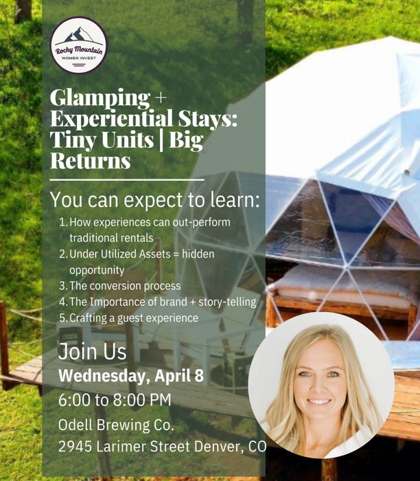 Love glamping & unique experiences?? We sure do! 🏕️🏔️Our April speaker - @ciarasal is a Colorado based entrepreneur, real estate investor, and wellness business founder.

She specializes in experien