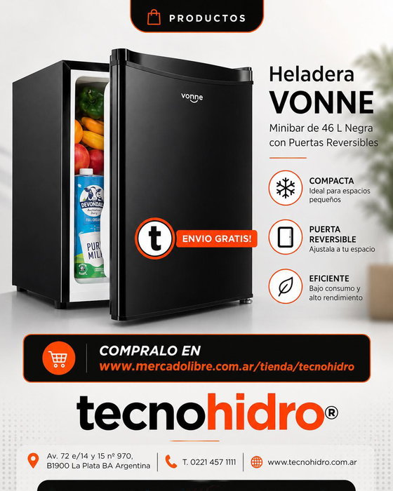 📲 www.mercadolibre.com.ar/tienda/tecnohidro | Productos
✨ Heladera Vonne Minibar de 46 L Negra con Puertas Reversibles
Lo que tenés que saber de este producto
Capacidad total de 46 L que permite almacenar alimentos y bebidas en espacios reducidos con control de temperatura.
Profundidad de 44.2 cm que facilita su instalación en áreas limitadas como escritorios o dormitorios.
Luz interior que permite visualizar el contenido de la heladera durante la noche o en lugares con poca iluminación.
Organización interna con porta latas y porta botellas que optimiza el almacenamiento vertical de envases específicos.
🛒 Cómpralo ahora en:
👉 www.mercadolibre.com.ar/tienda/tecnohidro
🤳 Whatsapp https://wa.me/5492214636161
💦 Tecnohidro S.A | Tecnología en aguas
Materiales para la construcción: Agua, Cloaca, Desagües Pluviales y Gas.
📍 Av. 72 e/14 y 15 Nº 970, B1900 La Plata, BA – Argentina
📞 0221 457 1111 | 🌐 www.tecnohidro.com.ar
🔖 #Tecnohidro #Accesorios #Construcción #Remodelación #Plomería #Hogar #Reformas #Agua #Gas #MaterialesDeConstrucción #laplata