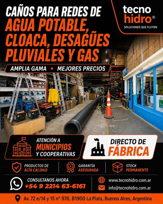 CAÑOS PARA TODAS TUS REDES DE INFRAESTRUCTURA
En Tecnohidro encontrás soluciones para redes de:
* Agua potable
* Cloacas
* Desagües pluviales
* Gas
Amplia gama y mejores precios, con atención especializada para municipios y cooperativas.
🏭 Venta directa de fábrica
📦 Stock permanente
✔️ Productos de calidad
🤝 Asesoramiento comercial
💦 Tecnohidro S.A | Tecnología en aguas
Materiales para la construcción: Agua, Cloaca, Desagües Pluviales y Gas.
📍 Av. 72 e/14 y 15 Nº 970, B1900 La Plata, BA – Argentina
📞 0221 457 1111 | 🌐 www.tecnohidro.com.ar
#Tecnohidro #Pickit #MercadoLibre #PuntoPickit #LaPlata #RetiroDePedidos #ComprasOnline #PuntoDeRetiro