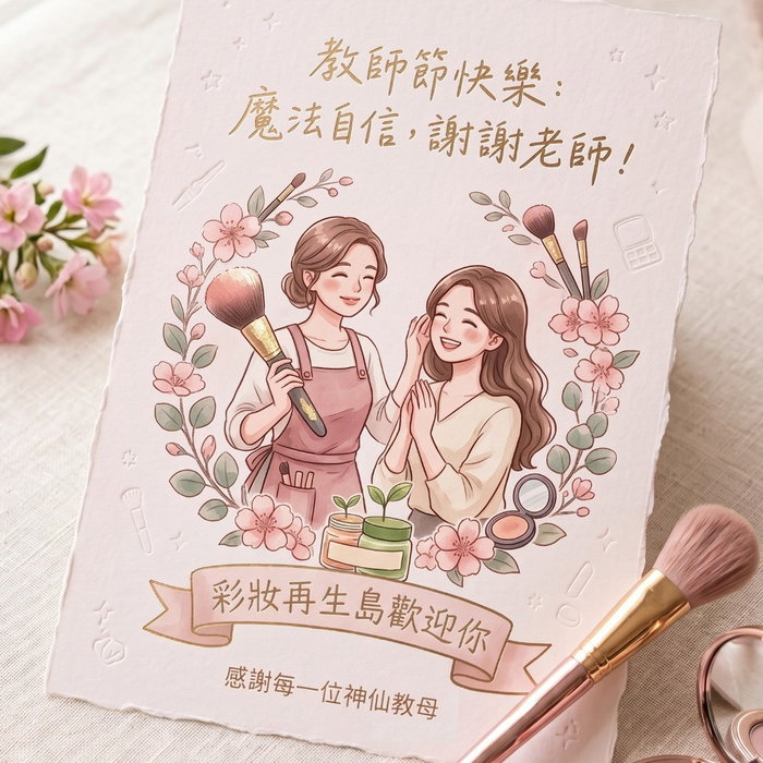 今天除了謝謝一路教會我們很多事的老師，
彩妝再生島也想偷偷感謝另一群，
幫了再生島很多忙的「老師」們—彩妝師 💄

一盒彩妝、一排刷具，
到了他們手上，總有辦法變出好多可能。

婚禮前的緊張、拍照前的不自在，
或只是某個「今天想讓自己好看一點」的日子，
坐上化妝椅之後，
總有人仔細觀察你的輪廓、膚色和習慣，
一點一點，把適合你的樣子找出來。

而對再生島來說，
彩妝師也是讓彩妝延續價值的重要夥伴。
那些還能好好使用的彩妝，
因為一次次的練習、試色與創作，
有了繼續被使用的機會，也少了一點不必要的浪費 🌏

所以教師節這天，
也想跟每一位彩妝師說聲：
謝謝老師，辛苦了！🫶

彩妝再生島也會繼續當你們的彩妝補給站—
讓還有價值的彩妝繼續被使用，
也讓練妝、試色、找靈感這件事，
可以少一點負擔、多一點可能。

如果你也對彩妝師活動感興趣，
歡迎在底下留一個「💄」讓我們認識你！
之後有彩妝師限定的活動與消息，也想第一時間找你來玩 ✨

也歡迎 Tag 那位總是把你變漂亮的「老師」，
趁教師節跟他／她說聲謝謝吧 🤍