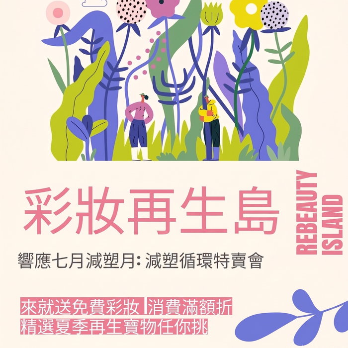 【快閃特賣】彩妝再生島：
讓美麗與地球一起重生 🌱

在台灣，有高達 1.7 億件彩妝正被閒置著
透過「彩妝再生」計畫，
我們每個月平均為地球減輕了約 200 公斤的垃圾負擔
七月是專屬地球的減塑月，
我們想邀請您一起將環保融入日常。

彩妝再生島將舉辦為期兩天的限時特賣會，
讓這些曾經被遺忘的閒置資源，在您的手中重獲新生

✨ 活動專屬亮點 ✨
🌿無負擔贈禮：
現場提供免費贈品，邀請您在「不造成浪費」的前提下，挑選真正需要的物品
🌿永續彩妝特賣：
精選多款再生彩妝，讓您在點綴美麗的同時，也為減少資源浪費盡一份心力
🌿減塑滿額回饋：自備購物袋，消費滿額即享現金折抵。
滿 $500 折 $50｜滿 $1,000 折 $100｜滿 $1,500 折 $150
(折扣可往上累加；特價商品不重複參與折抵)

📍 登島資訊
日期： 7/25 (六)、7/26 (日)
時間： 14:30–17:30（限時快閃）
地點： 彩妝再生島 B1
（台北市大安區泰順街 38 巷 36 號 B1）
報名連結：https://p.accu.ps/9cbc5r

帶著您的專屬環保袋來找我們吧！
用最純粹的減塑行動，一起減少浪費