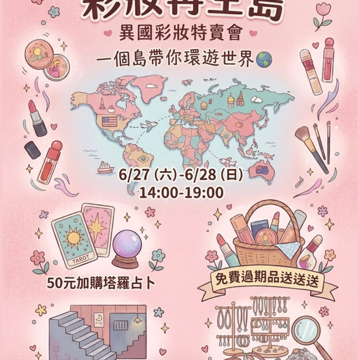 ✨6 月夏末，一起來彩妝再生島走走吧！
6/27（六）－6/28（日）🕑 14:00－19:00｜週末限定

整理了異國的彩妝與飾品，即將在這個週末溫柔登場
這一次，我們特別開放更寬敞的 B1 特賣空間，
邀你慢慢逛、慢慢挑，尋找屬於自己的再生彩妝與飾品
哪些別人曾經珍藏的，也正好成為你下一個心動的寶物。

我們希望透過這場限時的異國主題活動，
讓美麗重新流動，延續每一件物品的價值，
也一起為減少浪費盡一份心力🌍

✨ 本次活動亮點

🌎 漫遊異國彩妝特賣
在更寬敞的 B1 空間，挖掘來自世界各地的彩妝、
二手彩妝與飾品，享受尋寶的樂趣。

🎁 免費帶回過期彩妝
每日限量提供過期彩妝，歡迎自由挑選、
帶回創作、收藏或體驗不同用途

🔮 50 元加購塔羅體驗
小小的塔羅占卜，為夏末留下一段溫暖的指引與祝福

這個6月底，給自己一場短暫的島嶼出走吧。☀️

💬 報名方式
在留言區留言 「異國彩妝特賣」，
就會自動收到 ACCUPASS 限時免費報名連結！

💡 活動提醒
⏳ B1 特賣空間：活動期間限定開放（14:00－19:00）
🏡 1F 門市：兩天皆正常營業至 22:00
地址：台北市大安區泰順街38巷36號